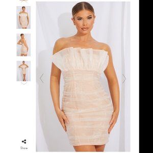 NEW! NUDE ORGANZA RUCHED FRILL EDGE BANDEAU BODYCON DRESS - SIZE 6 US